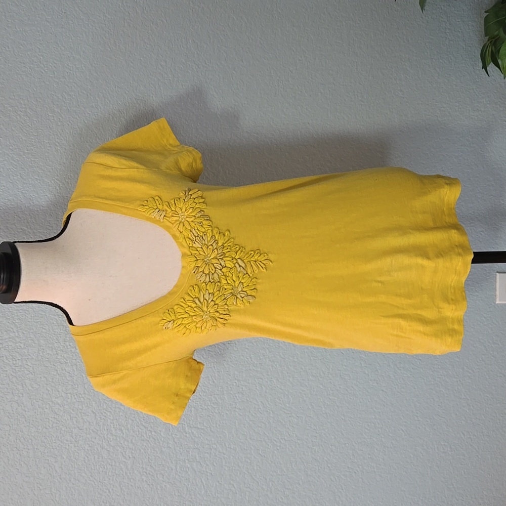 VINTAGE J CREW Floral Embellished Scoop Cotton Short Sleeve Tee Mustard Sz Med